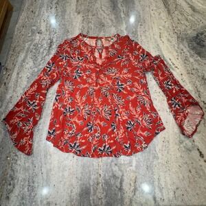 Democracy Women's Small Shirt Top Red Floral Long Bell Sleeve Boho